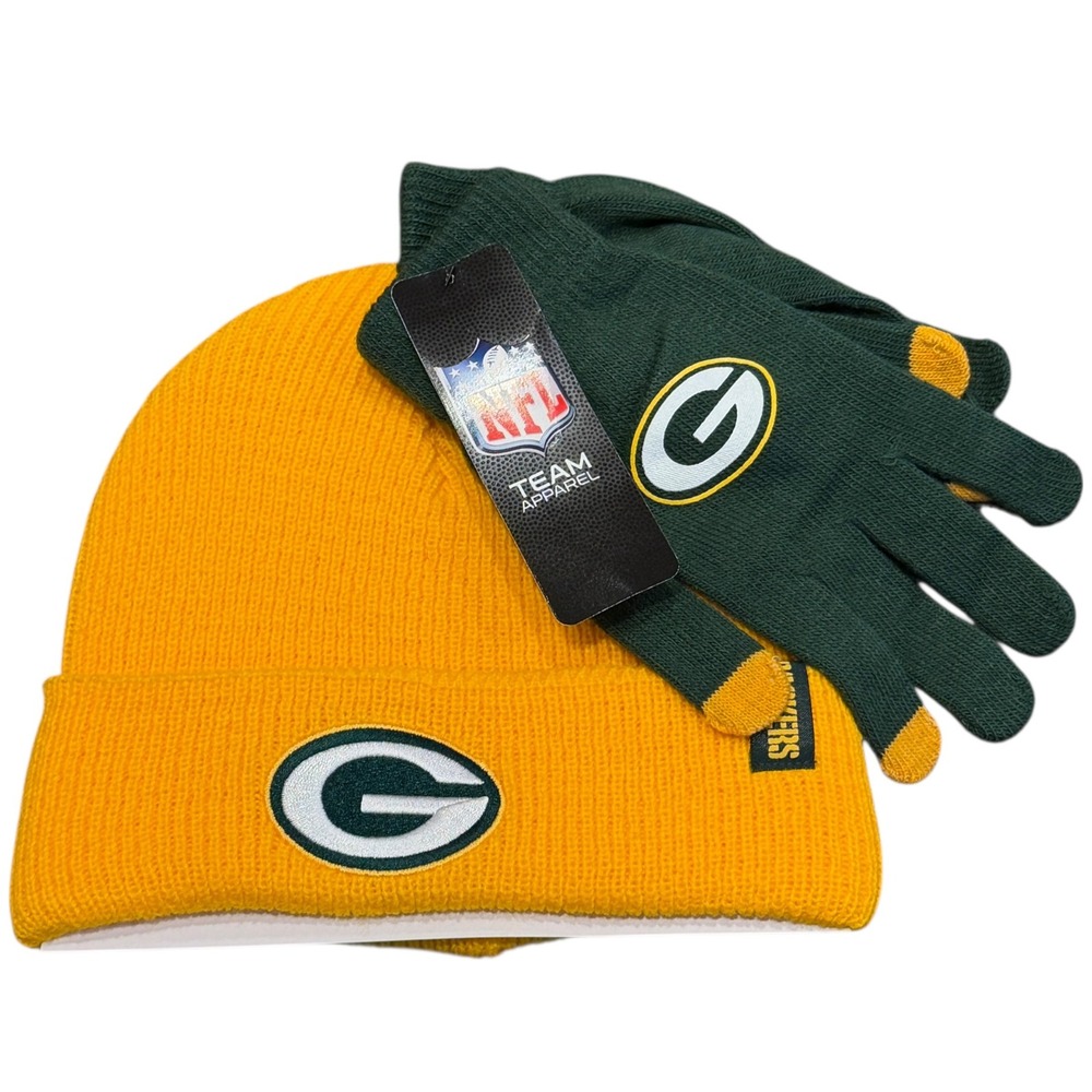 NFL Green Bay Packers Beanie Gloves Set Mens OS Yellow Green NWT‎ Knit Hat